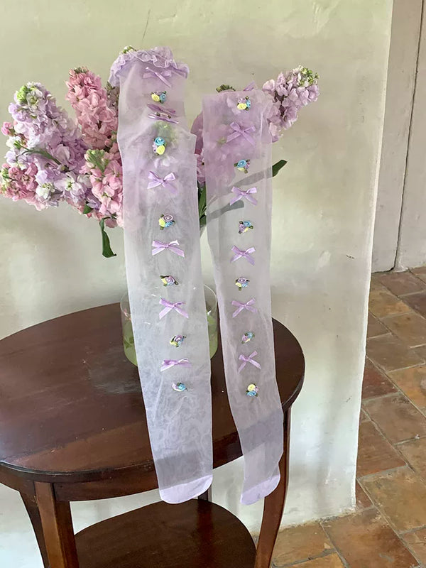 Fashion niche early spring purple handmade flowers niche lace Lolita high tube socks ballet girl socks
