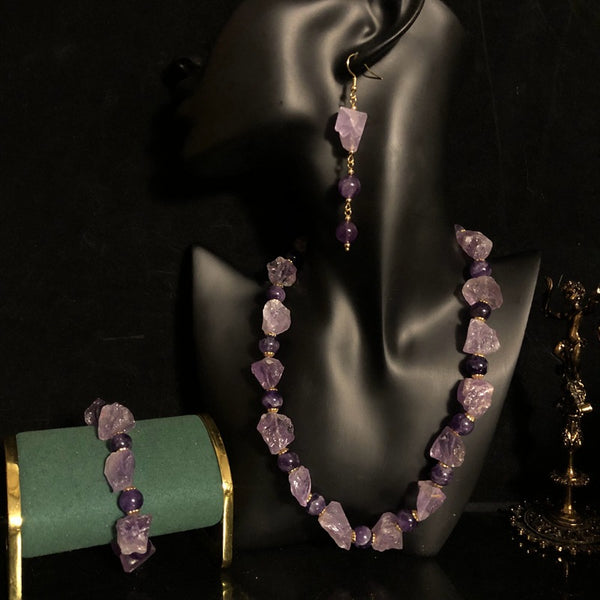 Qingdao medieval jewelry natural amethyst necklace bracelet earrings set temperament elegant versatile neck chain jewelry retro