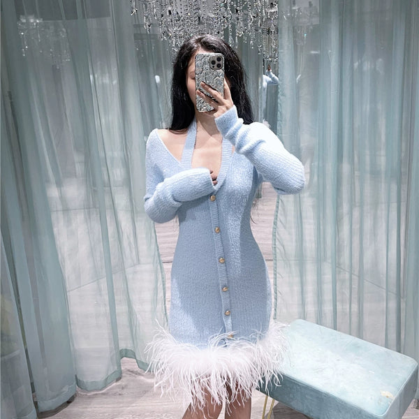 Original design baby blue mohair long-sleeved elastic knitted dress ostrich hair dress