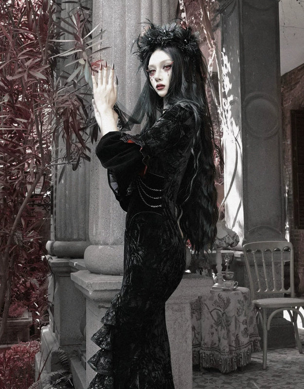 Gothic velvet bandeau dress mermaid skirt halloween retro maxi dress