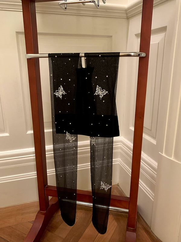 Fashion niche, manual heavy industry, hot diamond butterfly heavy industry can cut anti-hook black milk white stockings at will