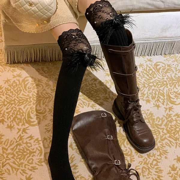 Fashion Autumn and Winter Knee Calf Lace Bow Stacking Socks Pure Desire Wind Royal Sister Knight Boots Socks