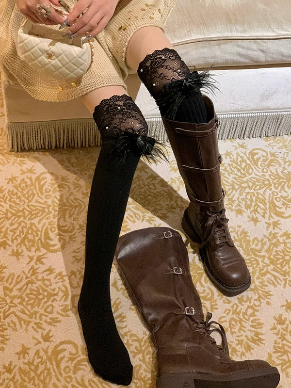 Fashion Autumn and Winter Knee Calf Lace Bow Stacking Socks Pure Desire Wind Royal Sister Knight Boots Socks