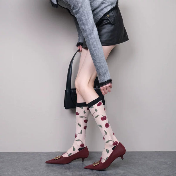 Cherry Free~ French Romantic Red Cherry Jacquard Multi-Color Skinny Calf Socks