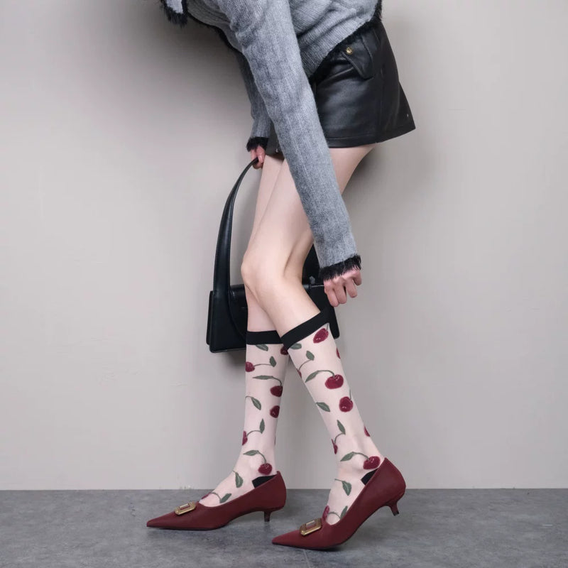 Cherry Free~ French Romantic Red Cherry Jacquard Multi-Color Skinny Calf Socks