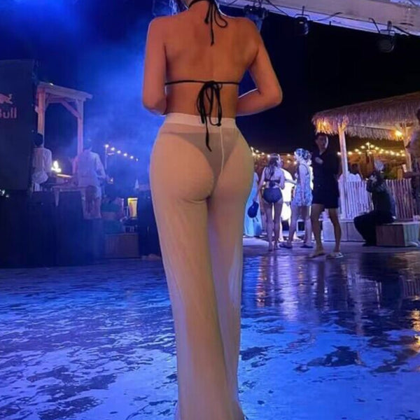 Hot Girl Sexy Perspective Reveals Dopamine Temptation Mesh Pants Versatile Elastic Bellbottom Pants