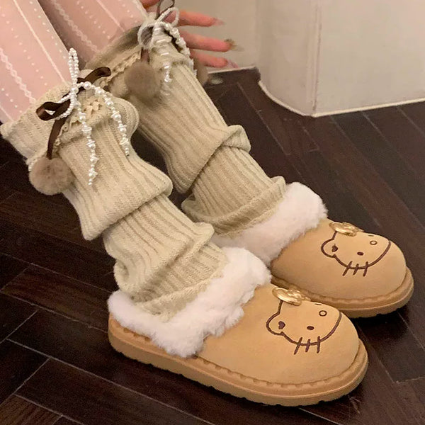 Fashion Coffee Hairball Leg Cover Female Pearl Bow Lace Stacking Socks Stacked Calf Socks Cover