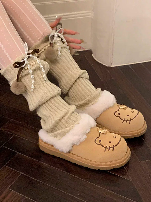 Fashion Coffee Hairball Leg Cover Female Pearl Bow Lace Stacking Socks Stacked Calf Socks Cover