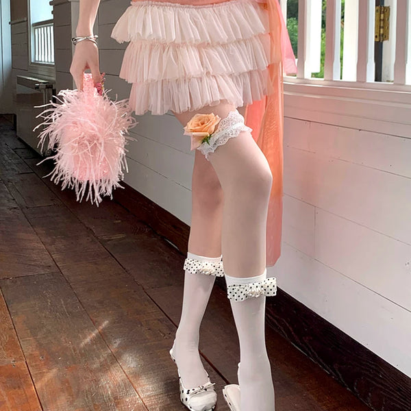 Fashion niche design polka dot bow pearl bright diamond breathable sweet ballet calf socks short tube socks