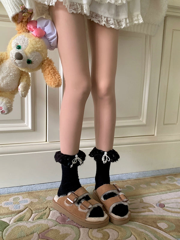 Fashion niche three-dimensional crystal bow socks women's red striped long tube jk lolita calf socks