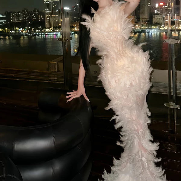 Sexy heavy-embellished feather bandeau maxi dress - sleeveless high-waisted white fairy evening gown/costume