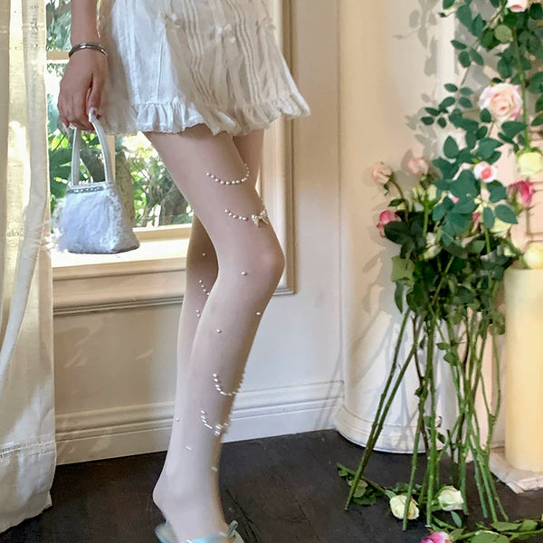 Fashion niche thin cut pearl necklace Japanese jk white pantyhose women's milk white stockings