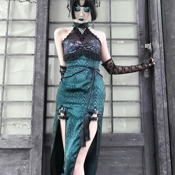Sexy modified dress heavy industry cheongsam mesh slit dress christmas dress cos clothing