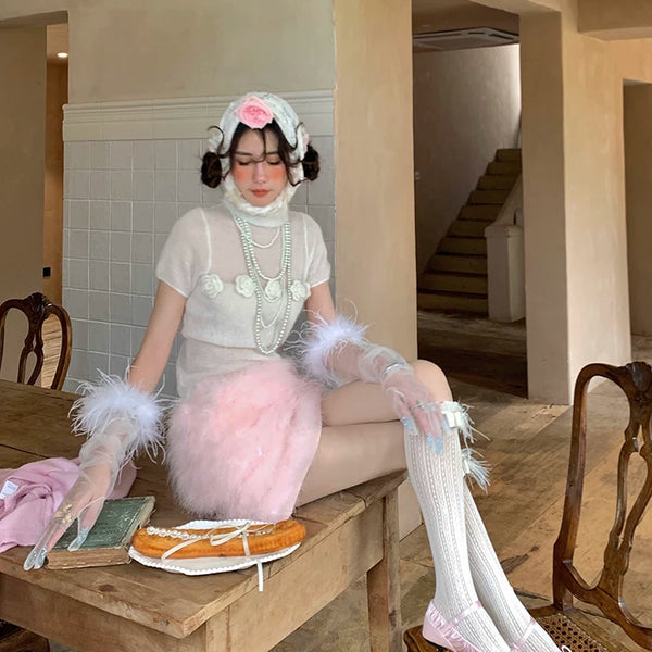 Fashion niche Japanese girl spring and summer thin lace medium tube fungus edge ostrich hair bow calf socks