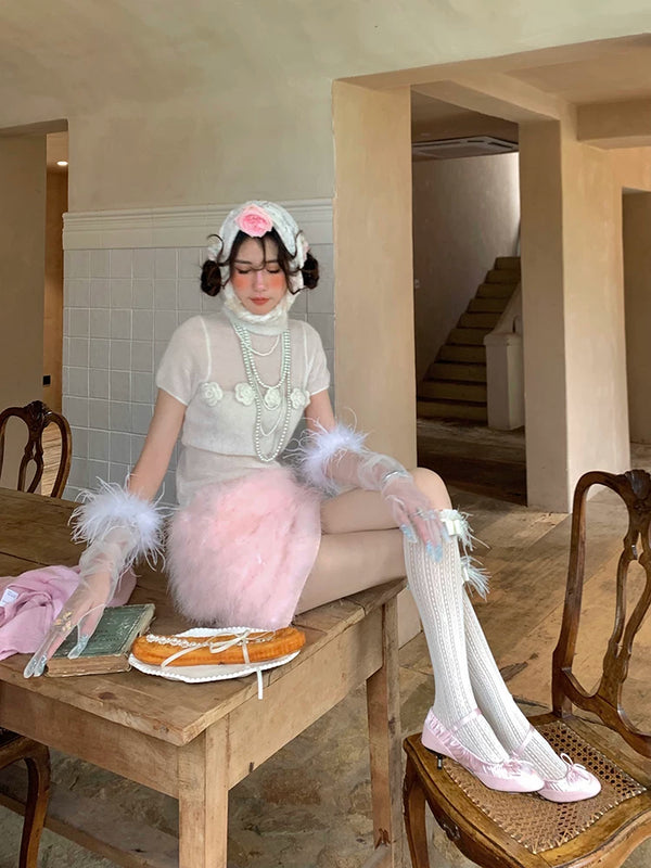 Fashion niche Japanese girl spring and summer thin lace medium tube fungus edge ostrich hair bow calf socks