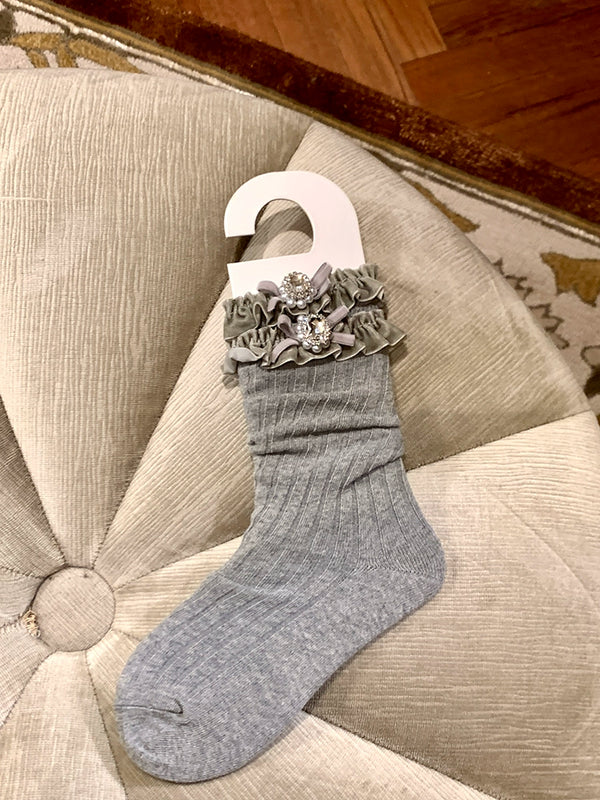 Fashion niche socks women's medium tube gray stacking socks women's autumn and winter pearl lace socks with Birkenstocks
