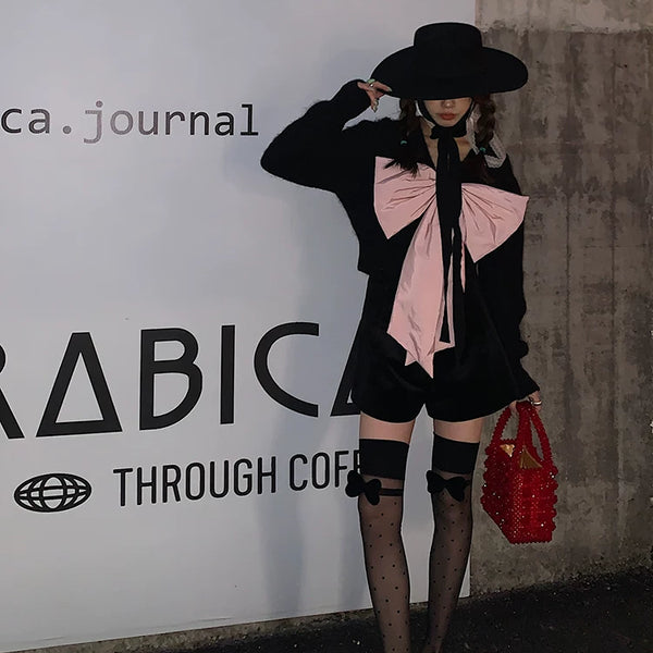 Fashion original niche design half barrel polka dot black stockings girl bow versatile bare leg socks artifact