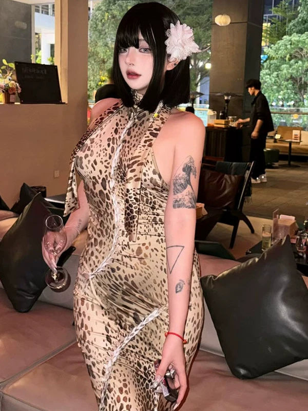 Pure desire style sexy spice girl leopard print print neck dress women's strap design sense niche hip wrap dress