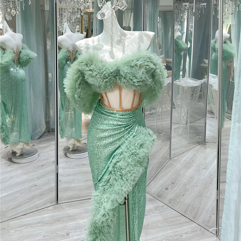 Mint Mambo | Fishbone Corset One-word Neck Fungus Edge Three-dimensional Flower High Split Sequins Wrap Skirt Set