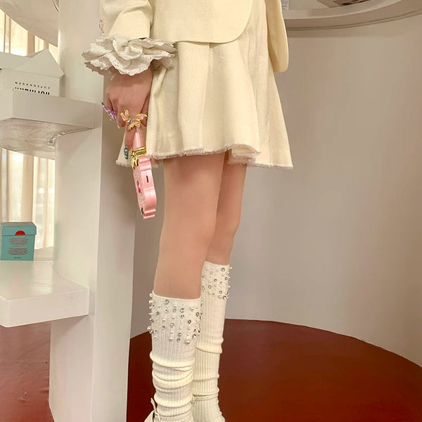 Fashion original niche design hand-sewn drill beads black medium tube stacking socks calf socks