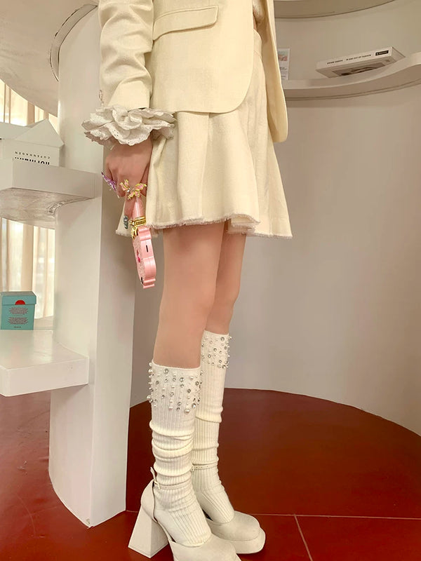 Fashion original niche design hand-sewn drill beads black medium tube stacking socks calf socks