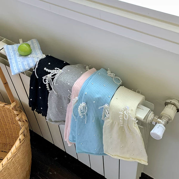 Fashion niche design pearl feather stacking socks cover medium tube lotus leaf lace knitted socks cover autumn and winter