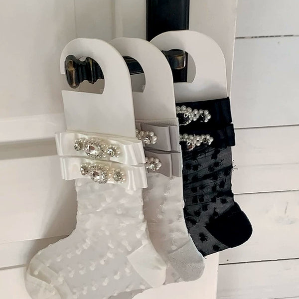 Fashion niche design bow pearl bright diamond jacquard breathable sweet ballet calf socks short tube socks