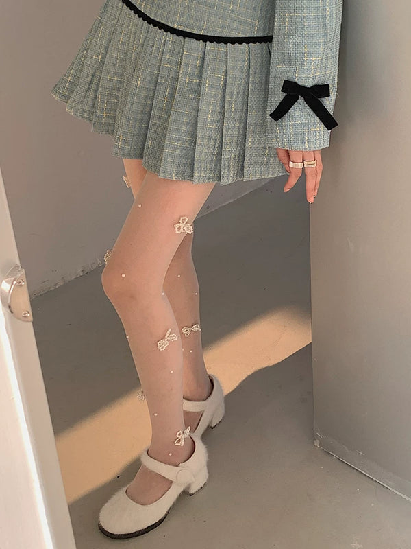 Fashion original niche design spring and autumn milk white hand-sewn pearl bow outer wear one-piece socks can be cut at will