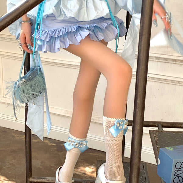 Fashion niche, girlish court gorgeous bow ribbon inlaid gemstone lace mesh tube socks