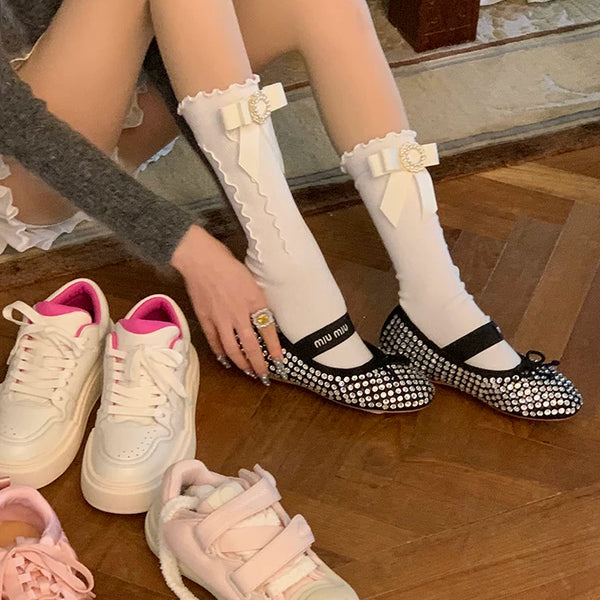 Fashion niche Japanese square diamond gem bow lace socks white black cute Lolita