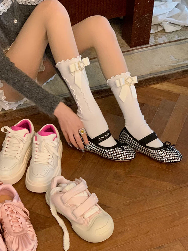 Fashion niche Japanese square diamond gem bow lace socks white black cute Lolita