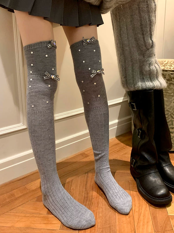 Fashion niche, luxury exaggerated rhinestone pearl bow thin vertical strip ballet calf socks knee socks
