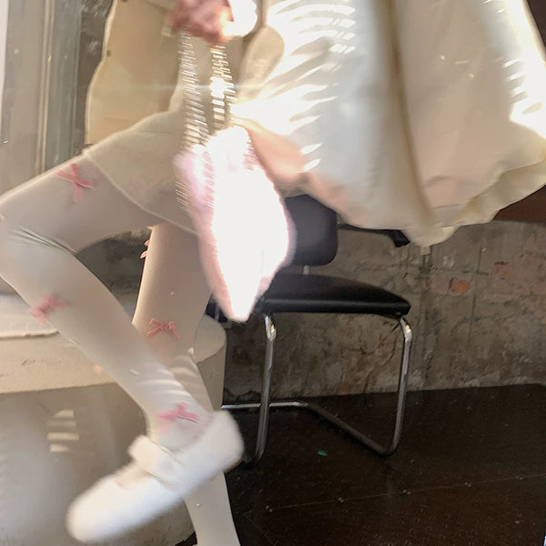 Fashion original niche design spring and autumn milk white girl heart velvet bow pearl outer wear one-piece socks