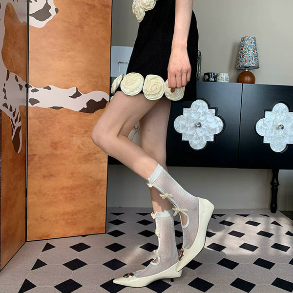 Summer new French light luxury elegant niche women's bow white tube socks