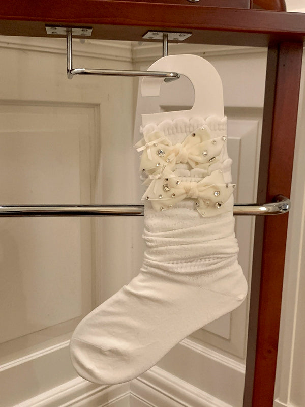 Fashion niche, design spring and summer thin bow jk socks milk white mesh rhinestone miu wind calf socks