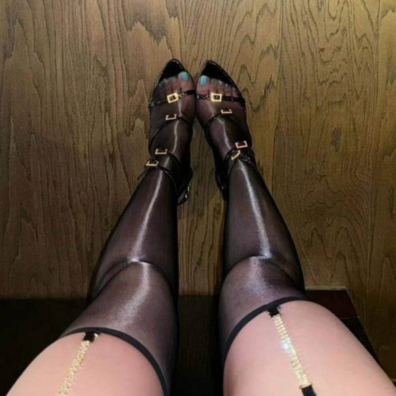 Versatile babes sexy chain niche oily stockings rhinestone seduction legs black silk suspenders high knee socks