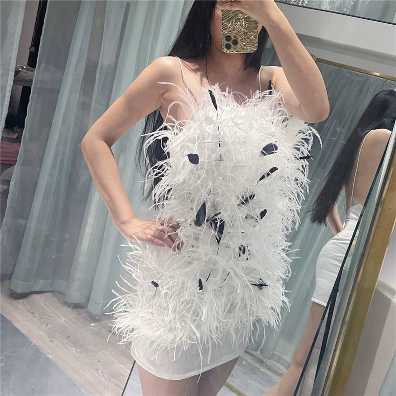 Rich daughter celebrity high luxury, real ostrich hair white swan feathers heavy industry neck slim dress