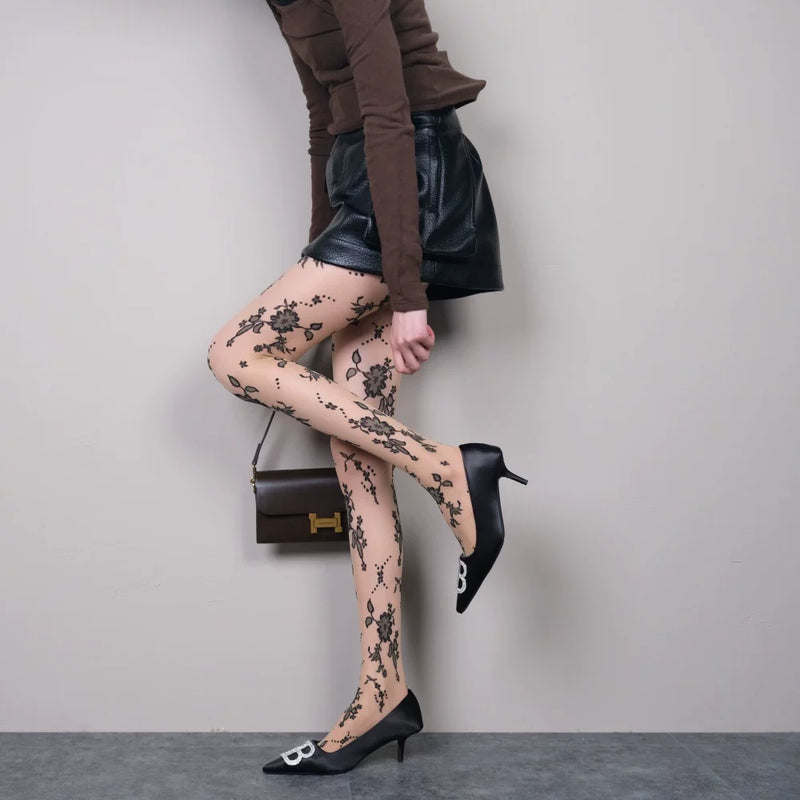 Any wearing base color should be confident~ flower jacquard stockings mature sexy skin tone leggings