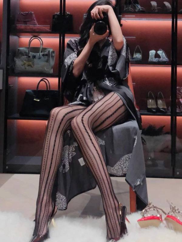 Sexy hot girl hollow striped pantyhose niche design slimming black stockings base socks mesh socks