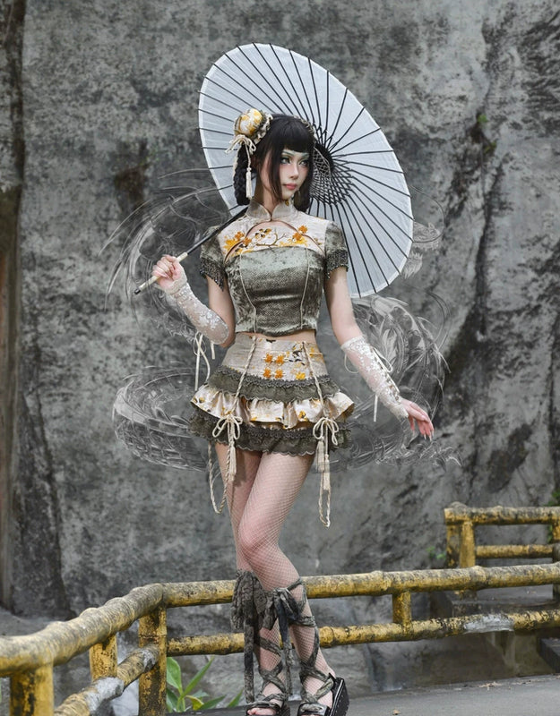 New chinoiserie jacquard snake print slimming tassel short sleeve cheongsam tops christmas halloween