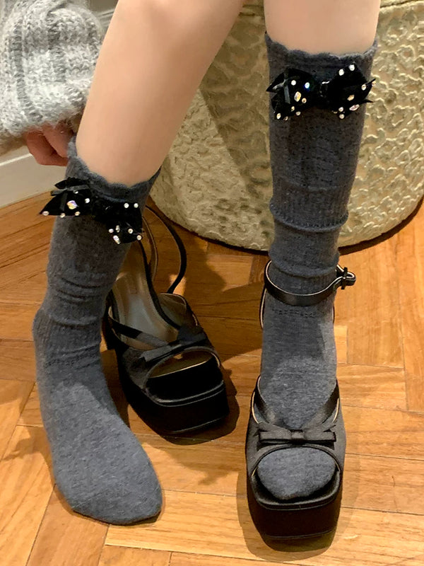 Fashion niche, design spring and summer thin bow jk socks milk white mesh rhinestone miu wind calf socks