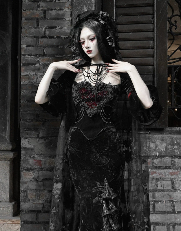 Gothic velvet bandeau dress mermaid skirt halloween retro maxi dress