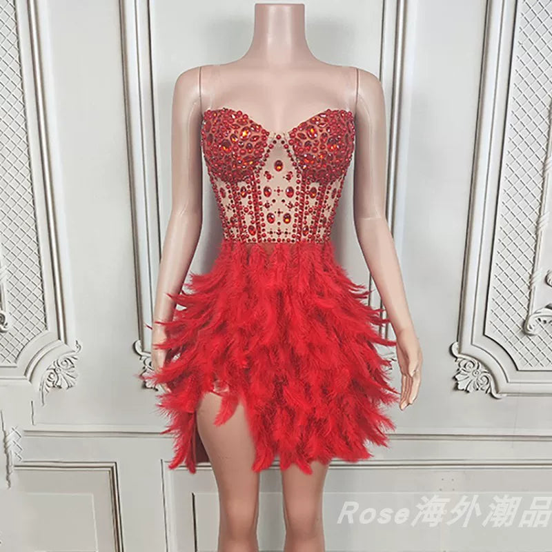 Elegant white swan-inspired feather skirt dress - slimming, rhinestone embellished mini dress for vacation, runway, party, and evening events