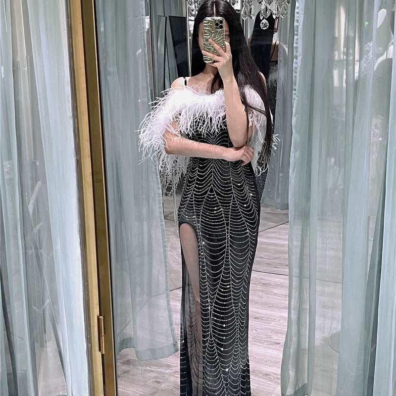 Full Body Hot Diamond Luxury Heavy Industry Ostrich Feather Feather, Extravagant Evening Dress Birthday Dress