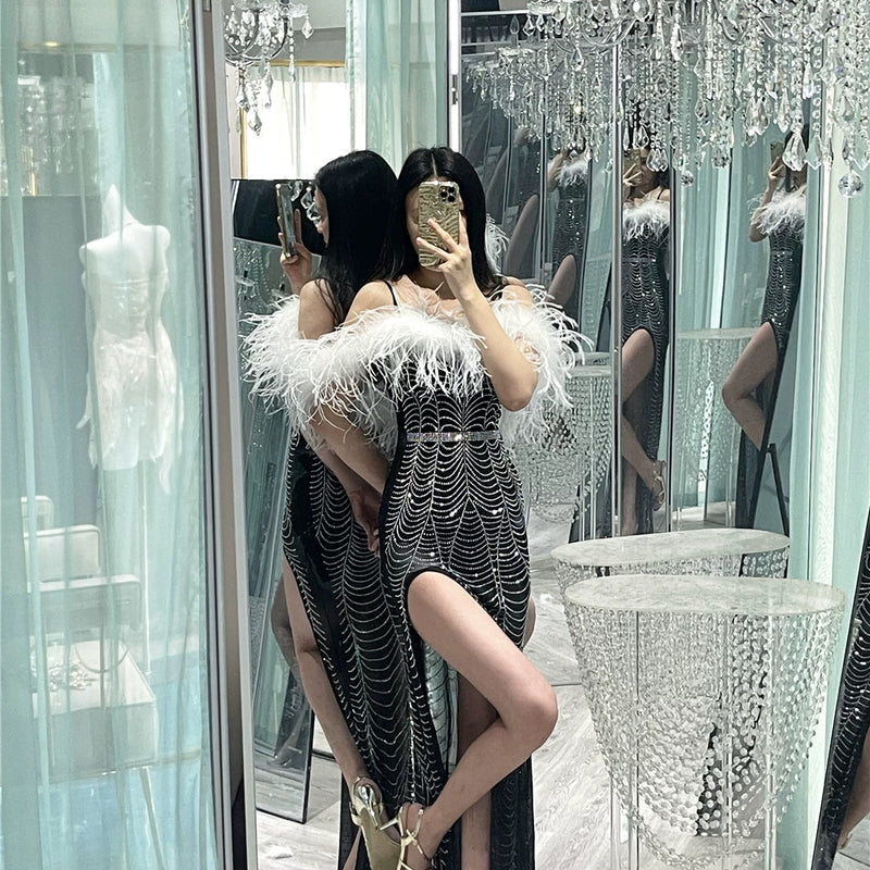 Full Body Hot Diamond Luxury Heavy Industry Ostrich Feather Feather, Extravagant Evening Dress Birthday Dress