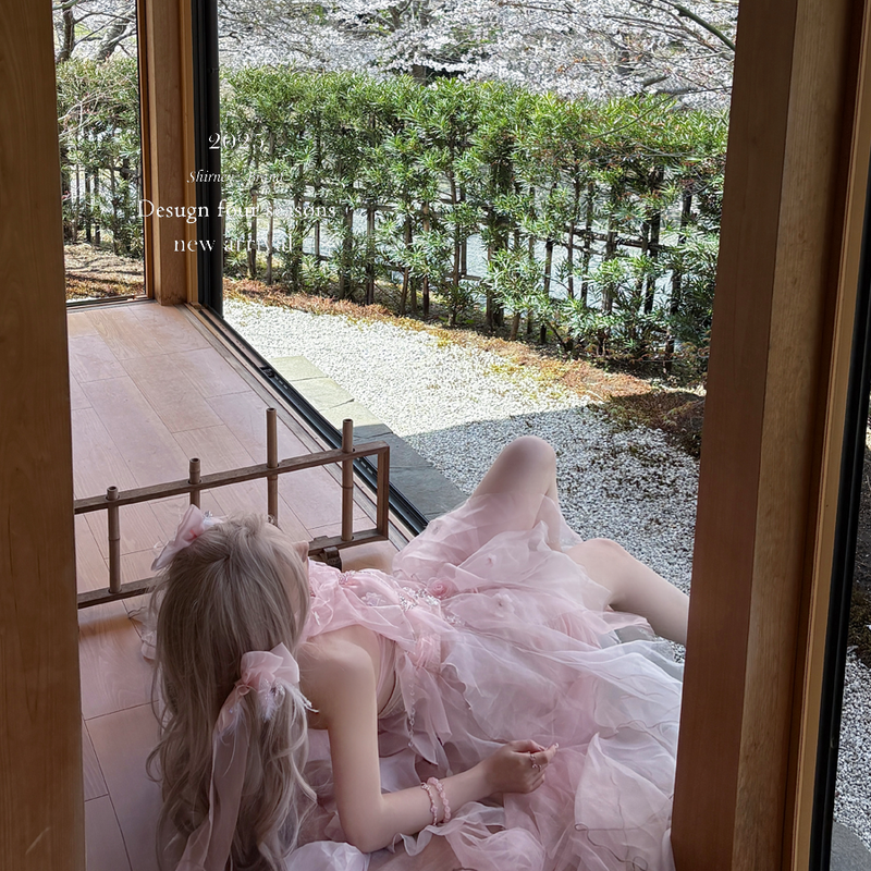 Pink off-the-shoulder bandeau dress - romantic french fairy princess dress