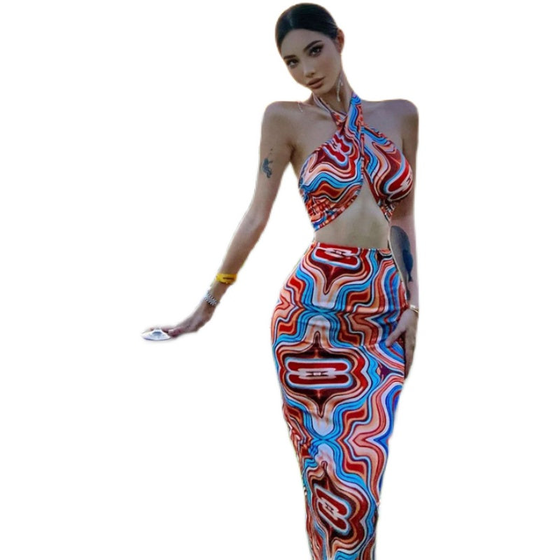 Niche design Sexy Spice Girl temperament neck holiday neck long dress printed backless dress summer suit women