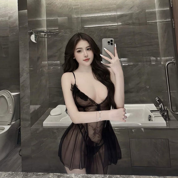 Sexy lace see through mesh pajamas for women in summer, low cut, pure desire style, high-end feeling, suspender nightgown, home suit set