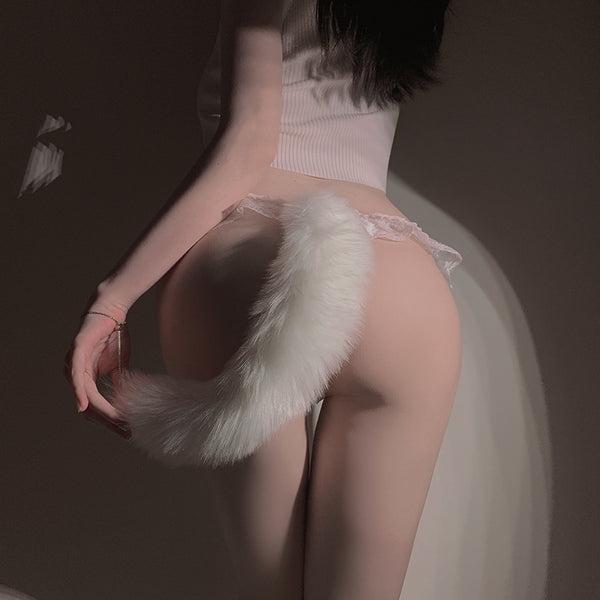 High sense simulation white fox tail thong women's panties sexy hot pearl lace briefs t-pants mood