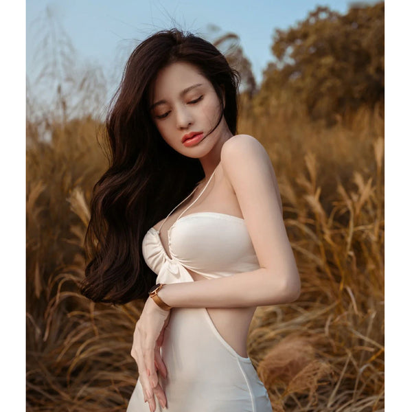 Sexy temperament hanging neck hollow out long dress, western-style pure desire, spicy girl party hanging neck backless versatile dress, summer dress